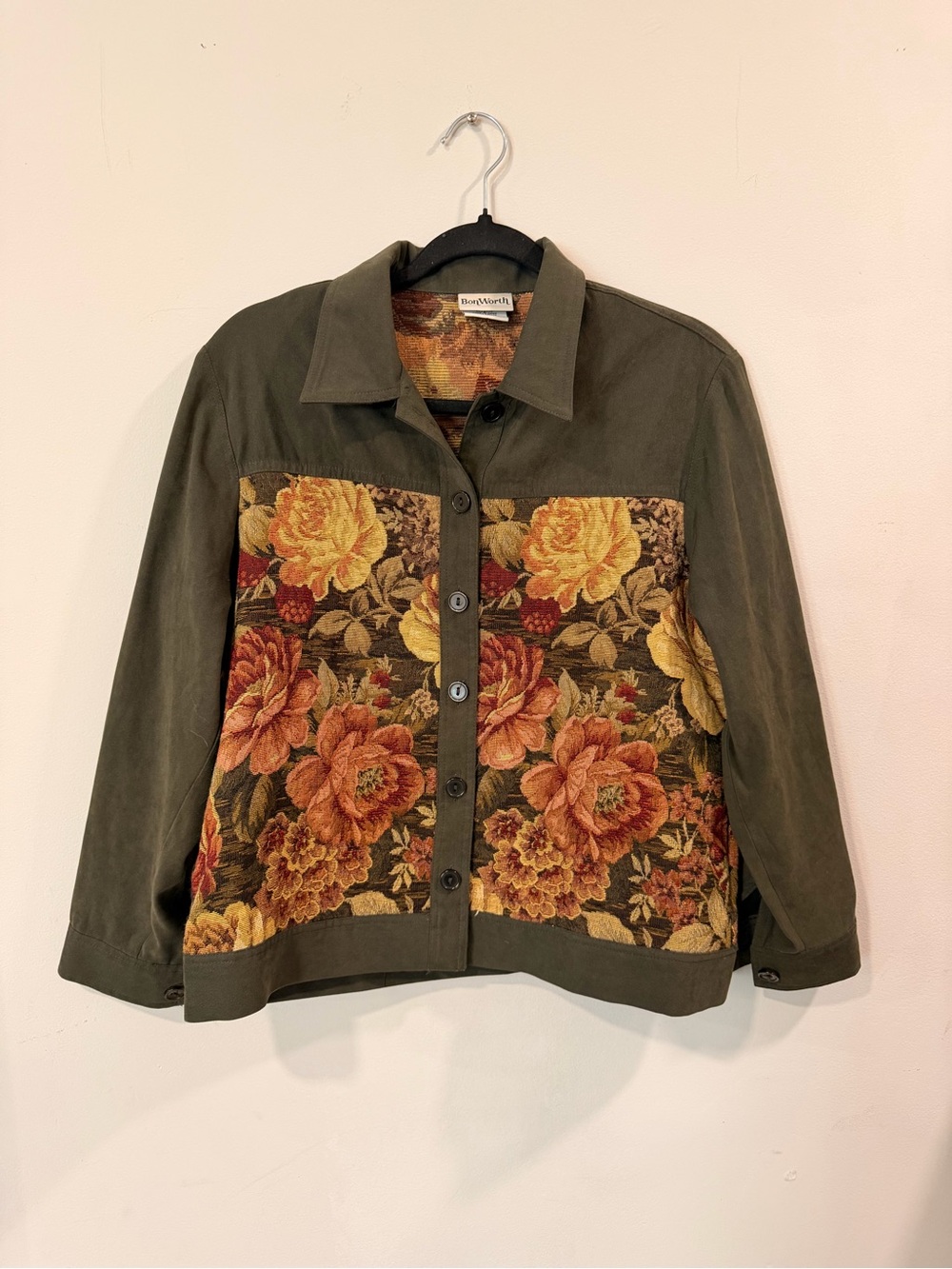 BonWorth Vintage Olive Green Floral Panel Jacket